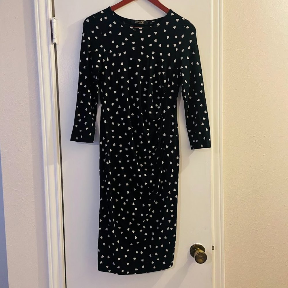 Black and White Polka Dot (Hearts) Fitted Midi Dress, Ruched Side, 3/4 Sleeves
